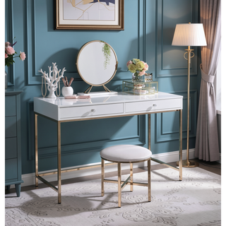 Sunvega White High Gloss Gold Finish Contemporary Vanity Desk with 2 Storage Drawers