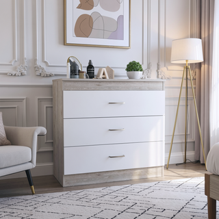 Sunvega Melia Three Drawer Dresser with Metal Hardware in Light Gray and White