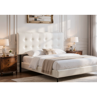 Sunvega Button Tufted Upholstered Headboard in White Leather Look Fabric