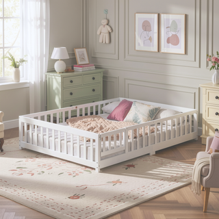 Sunvega Full Size Pine Wood Floor Bed with Safety Guardrails and Door