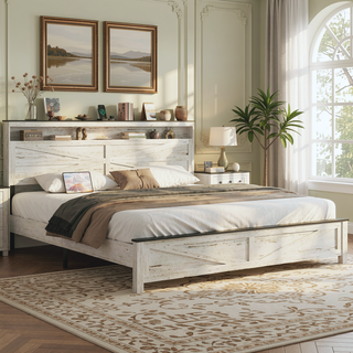 Sunvega Queen Bed Frame with LED Lights Headboard Charging Station and Hidden Storage