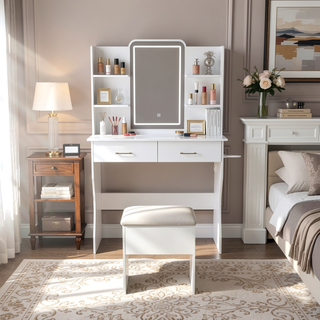Sunvega Vanity Desk with LED Lights Mirror Power Outlet and Storage Drawers