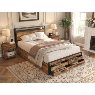 Sunvega Full Size Storage Bed Frame with LED Headboard Charging Station and 8 Drawers