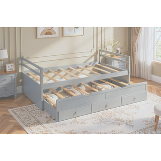 Sunvega Twin Size Pine Wood Bed with Headboard, Footboard, Trundle, and Three Storage Drawers