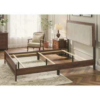 Sunvega Brown Cherry Finish Contemporary Fabric Panel Bed in One Box