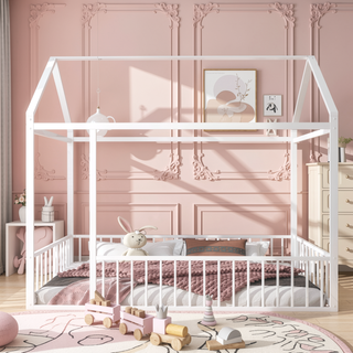 Sunvega Full Size Playhouse Metal Bed Frame with Fence for Kids and Teens