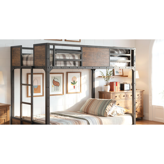 Sunvega Industrial Black Metal Bunk Bed With Wood Panels And Attached Ladder