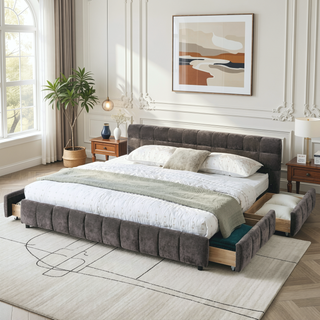 Sunvega California King Size Upholstered Bed with Storage Drawers and Soft Chenille Fabric Headboard