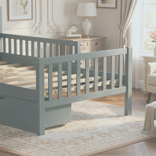 Sunvega Twin Size Walnut Wood Platform Bed with Guardrails and Two Storage Drawers