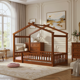 Sunvega Full Size House Bed Frame with Playhouse Fence and Roof for Kids