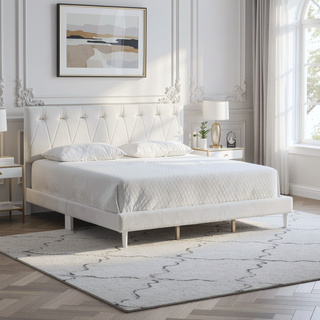 Sunvega Soft Teddy Bear Wheat Color Fabric Upholstered Queen Platform Bed