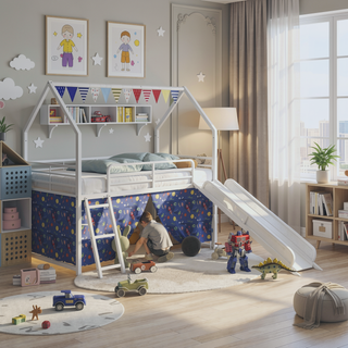 Sunvega Marvel Superhero Metal Twin Loft Bed with Slide and Curtain Set