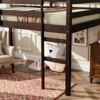 Sunvega Espresso Rubber Wood Low Height Loft Bed with Ladder for Bedroom