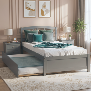 Sunvega Twin Size Gray Wood Platform Bed Frame with Trundle for Maximized Space