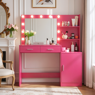 Sunvega Black 46.4 Inch Vanity Desk with Mirror Lights and Large Drawers