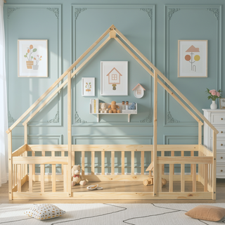Sunvega Twin Wood House Floor Bed with Guardrail Fence in Grey