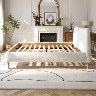 Sunvega King Upholstered Platform Bed with Curved Headboard in Oatmeal Chenille