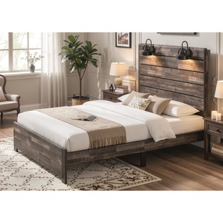 Sunvega Rustic Butcher Block Full Size Bed with Headboard Lamp and Black Pulls