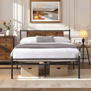 Sunvega King Size Metal Bedframe with Wood Panel Headboard and Under Storage