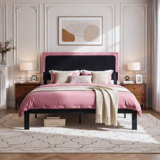 Sunvega Modern Upholstered Platform Bed Frame with Button Tufted Linen Headboard