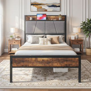 Sunvega Full Size Bed Frame with Storage Headboard and Charging Station Outlets