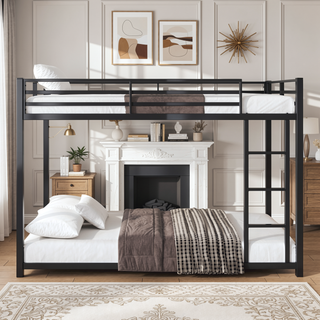 Sunvega Low Twin Over Twin Metal Bunk Bed Frame with Ladder and Guardrail