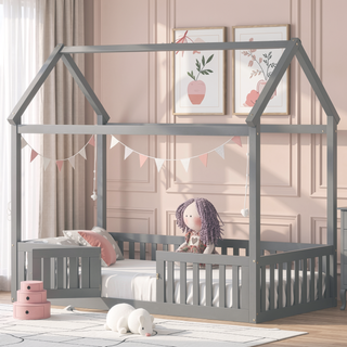 Sunvega Twin Size Wood House Bed with Fence Door and Distressed Washed Design