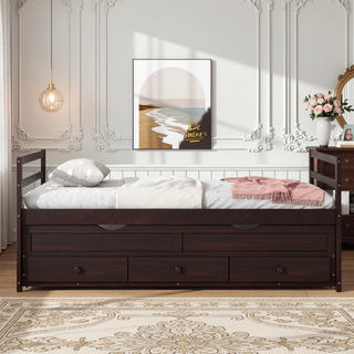 Sunvega Twin Size Pine Wood Bed with Headboard, Footboard, Trundle, and Three Storage Drawers