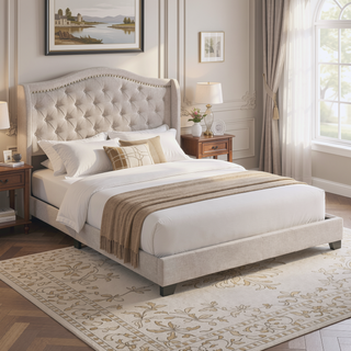 Sunvega Upholstered Eastern King Bed with Tufted Camel Back Headboard and Nailhead Trim