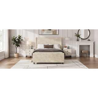 Sunvega Cream Queen Size Corduroy Upholstered Bed Frame with Winged Headboard