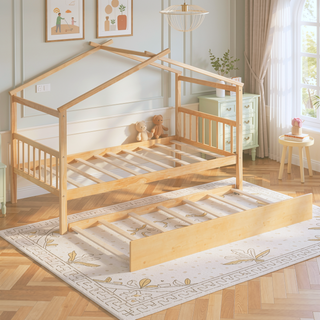 Sunvega Twin Size Wooden House Bed with Trundle and Headboard for Kids Room