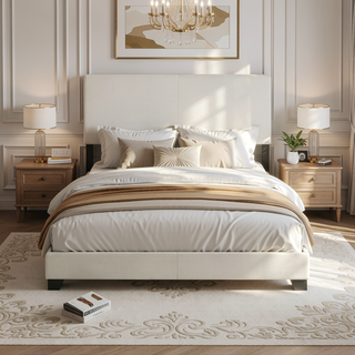 Sunvega Cream Upholstered Queen Bed with Padded Headboard and Black Wood Legs