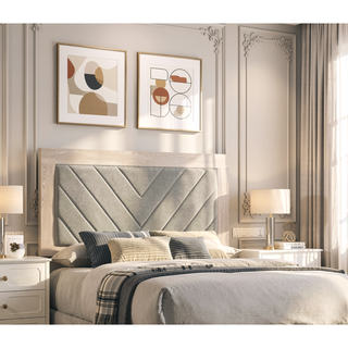 Sunvega Contemporary Cream Queen Size Bed with V-Design Headboard in Gray