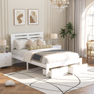 Sunvega White Full Size Platform Bed with Drawers for Extra Storage