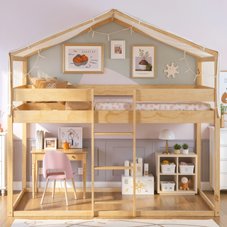 Sunvega Twin Over Twin Wood Bunk Bed with Playhouse Tent for Kids Room