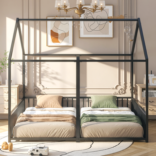 Sunvega Sturdy Metal Twin Size House Platform Beds with Guardrails