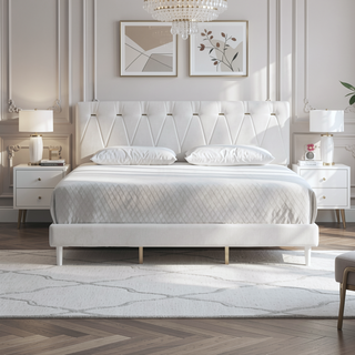 Sunvega Soft Teddy Bear Wheat Color Fabric Upholstered Queen Platform Bed