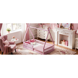 Sunvega White Distressed Washed Wood House Bed with Fence for Kids Twin Size