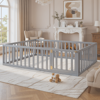 Sunvega Twin Size Wood Floor Bed Frame with Fence and Door in Walnut Finish