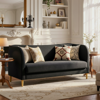 Sunvega King Upholstered Platform Bed with Curved Headboard in Oatmeal Chenille