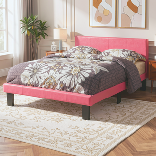 Sunvega Pink Faux Leather Upholstered Twin Size Platform Bed with Wooden Slats