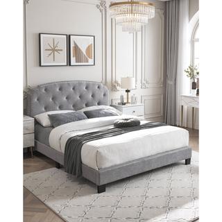 Sunvega Light Gray Burlap Button Tufted Headboard Queen Size Bed with Nailhead Trim