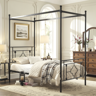 Sunvega Black Finish Twin Platform Bed Canopy Metal Frame Modern Traditional