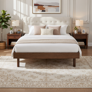 Sunvega Modern Floating Platform Bed Frame in Walnut with Sturdy Wood Construction