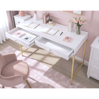 Sunvega Modern White High Gloss and Gold Writing Desk with 2 Drawers