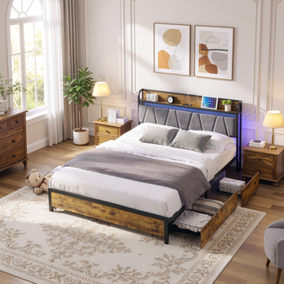 Sunvega Queen Size Storage Bed Frame with Charging Station and RGB LED Lights