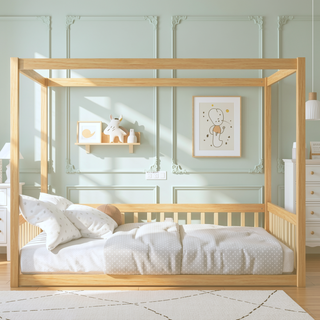 Sunvega Wooden Canopy Frame Floor Bed with Guardrails for Safety and Privacy