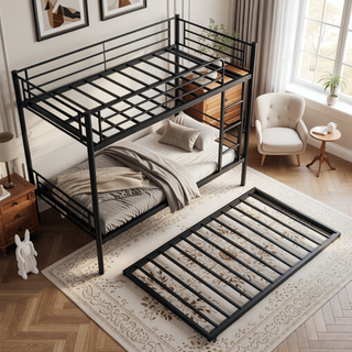Sunvega Twin Metal Bunk Bed with Trundle Ladder and Full-Length Guardrail