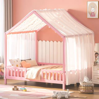 Sunvega Full Size House Bed with Canopy and High Railings for Kids Room