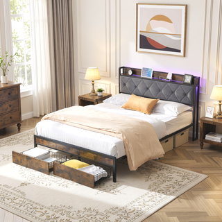 Sunvega King Bed Frame with Storage Headboard LED Lights and USB Charging Station